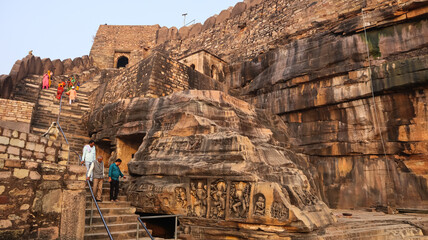 The Beautiful Carvings of Hindu Deities on the Nilkanth Temple, Temple Dedicated to Lord Shiva, Kalinjar Fort, Uttar Pradesh, India.