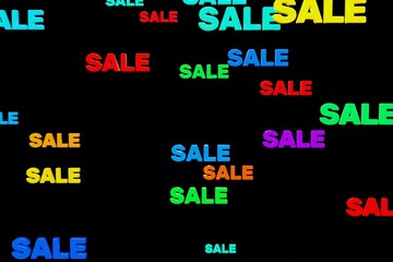 Colorful words sale on black background 3d render. Discount falling satisfying. Big sale, discount, black friday, shopping mall or coming soon concept
