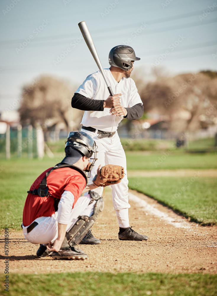 Poster Baseball, bat and focus with a sports man outdoor, playing a competitive game during summer. Fitness, health and exercise with a male athlete or player training on a field for sport or recreation