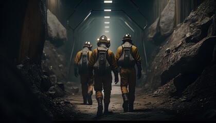 Coal miners walking through the tunnel in a mine. Generative AI. - obrazy, fototapety, plakaty