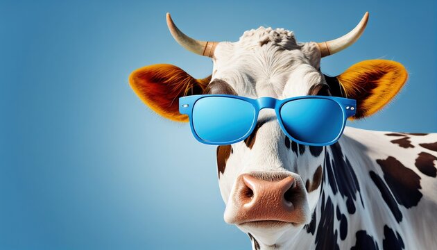 Cow with sunglasses posing in front of a blue studio background. Generative AI.