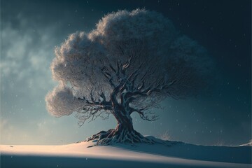 Naklejka na ściany i meble tree in winter with snow in night