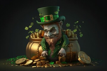 Leprechaun with a gold pot full of coins. Saint Patrics day created with Generative AI technology