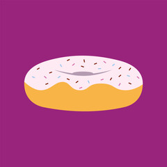 Illustration of vanilla donut with colorful sprinkles. Food vector clip art.