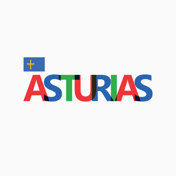 Asturias RGB colorful overlapping letters typography with its national flag. Spanish autonomous community rainbow text decoration.