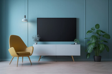 Tv and cabinet in modern living room with blue armchair on dark blue concrete wall background,  Generative AI