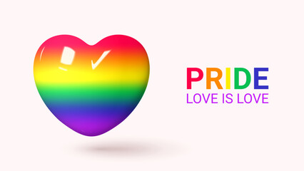 Greeting card for Pride month. 3d rainbow heart isolated on pink background for design of LGBTQ events. Human rights and tolerance concept. 3d symbol of Pride day for posters, banners.