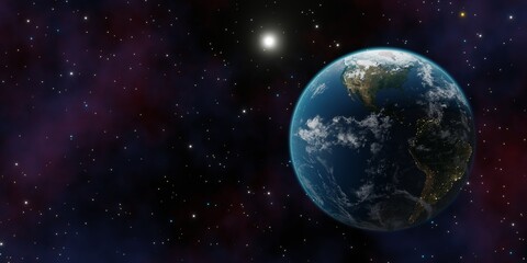 Fototapeta na wymiar Beautiful 3d earth planet 3d render. Concept of climate change, dark night, cities lights, sunrise. World planet satellite, Stars, nebula and galaxy 3d render. Sunrise from outer space