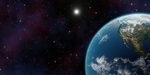 Fototapeta na wymiar Beautiful 3d earth planet 3d render. Concept of climate change, dark night, cities lights, sunrise. World planet satellite, Stars, nebula and galaxy. Sunrise from outer space