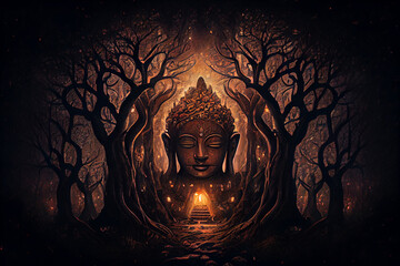 Buddha purnima vesak spirit in a mystical arcane forest. Generative AI