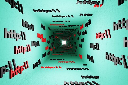 Http symbol sign in cyan tunnel background 3d render. Hypertext transfer protocol secure web 3