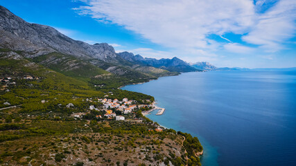 The magnificent view of the coastline and beach near Podgora in Croatia on the Makarska Riviera has been captured through aerial photography.