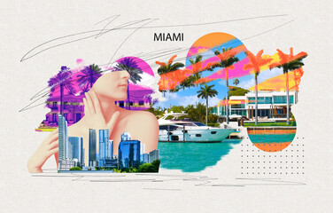 Luxurious mansion in Miami Beach, Florida at US. Creative contemporary art collage or design.