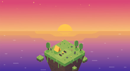 Vector horizontal isometric illustration of comping during a sunset landscape on flying islands.