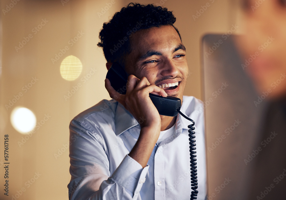 Poster telephone, night and businessman on a phone call in the office talking while working on a computer. 