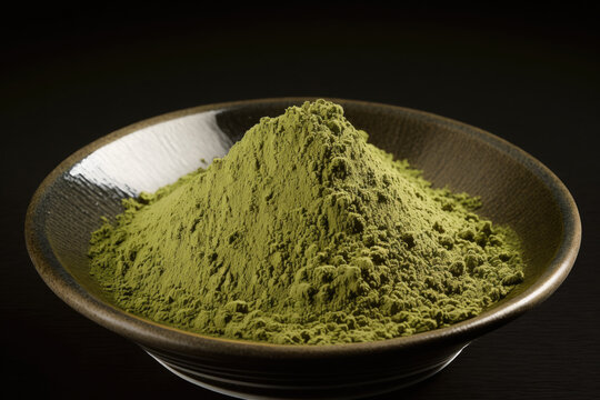 Top view of Matcha powder green tea in bowl, spoon, bamboo whisk,  traditional beverage, flat lay process of making matcha drinks, with Generative AI.