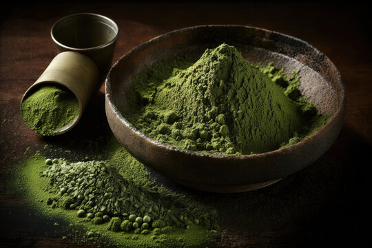 Top view of Matcha powder green tea in bowl, spoon, bamboo whisk,  traditional beverage, flat lay process of making matcha drinks, with Generative AI.