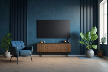 Tv and cabinet in modern living room with blue armchair on dark blue, Generative AI