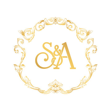 SA Combination Text Logotype. Cursive Letter Concept With Victorian Baroque Style. Typography For Wedding And Invitation Logo Isolated With Black Background.