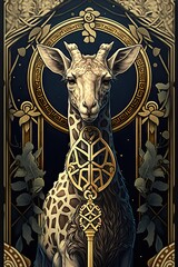 Plakat Beautiful Designer Illustration of Ancient Mythological Majestic Giraffe Animal in the Artistic Tarot Card Style: Vibrant Colors Intricate Details Fortune-Telling Magic Mythology generative AI