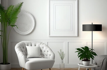 Blank white frame mock up for interior modern room minimal style, living room decoration, generative ai