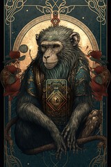 Obraz premium Beautiful Designer Illustration of Ancient Mythological Majestic Monkey Animal in the Artistic Tarot Card Style: Vibrant Colors Intricate Details Fortune-Telling Magic Mythology generative AI