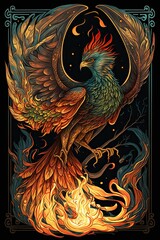 Beautiful Designer Illustration of Ancient Mythological Majestic Phoenix Animal in the Artistic Tarot Card Style: Vibrant Colors Intricate Details Fortune-Telling Magic Mythology generative AI