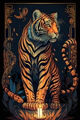Beautiful Designer Illustration of Ancient Mythological Majestic Tiger Animal in the Artistic Tarot Card Style: Vibrant Colors Intricate Details Fortune-Telling Magic Mythology generative AI