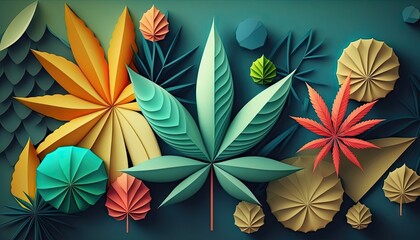 Beautiful Designer 420 Cannabis Seasonal Background with 3D shapes designs Bold color Modern Wallpaper Template with Vibrant Hues for Presentation, Ad, and All Applications (generative AI)