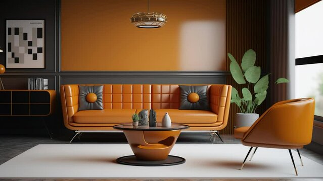 Living room have orange leather sofa and decoration minimal. front view