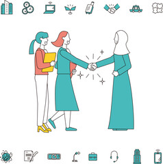 アジア系とアラブ系のビジネスパーソンの握手とアイコンセット