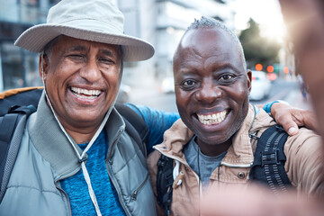 Elderly travel, portrait men and selfie of senior friends in a city with happiness and freedom on...