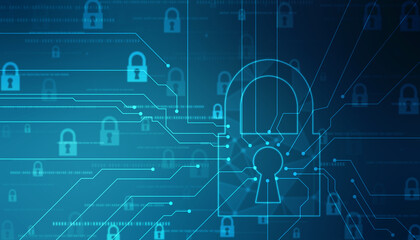 Digital Padlock on abstract technology background, Technology security concept. Modern safety digital background. Protection system, Cyber Security and safety information, personal data concept
