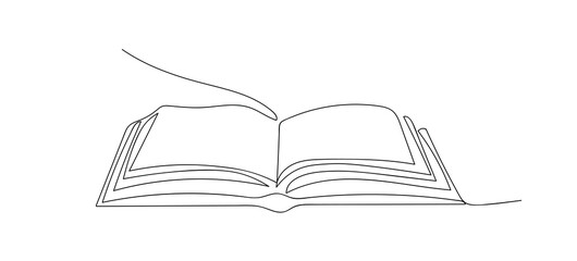 Single one line drawing of open text book for study. Back to school minimalist, education concept. Continuous simple line draw style design graphic vector illustration