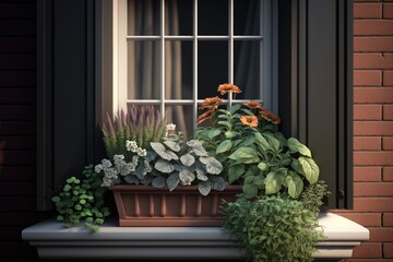 Vintage type window box with beautiful flowers. Created with Generative AI