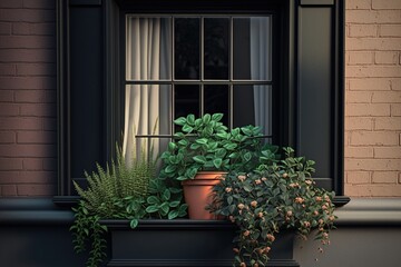 Fototapeta na wymiar Vintage type window box with beautiful flowers. Created with Generative AI