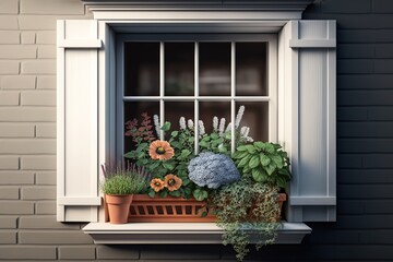 Fototapeta na wymiar Vintage type window box with beautiful flowers. Created with Generative AI