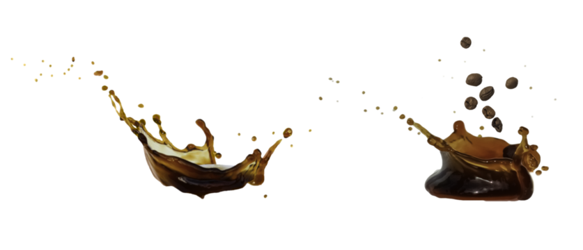 flying splashes of coffee. fresh drink. coffee spilling out of a mug isolated on white background