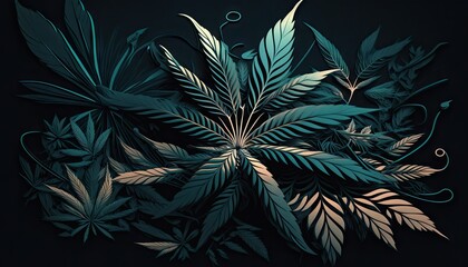 Beautiful Designer 420 Cannabis Seasonal Background with Minimalist shapes Dark color Modern Wallpaper Template with Vibrant Hues for Presentation, Ad, and All Applications (generative AI)
