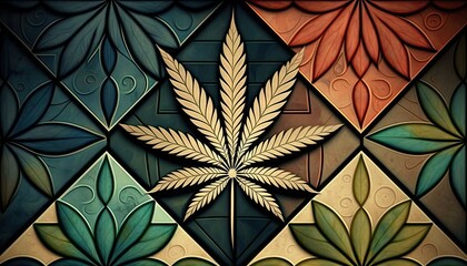 Fototapeta na wymiar Beautiful Designer 420 Cannabis Seasonal Background with Mosaic patterns Calm color Modern Wallpaper Template with Vibrant Hues for Presentation, Ad, and All Applications (generative AI)