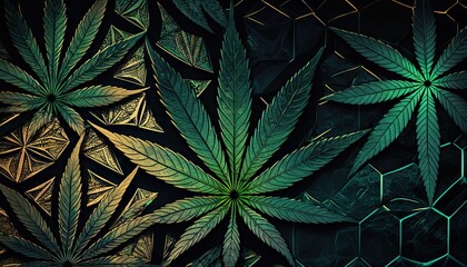Beautiful Designer 420 Cannabis Seasonal Background with Mosaic patterns Dark color Modern Wallpaper Template with Vibrant Hues for Presentation, Ad, and All Applications (generative AI)