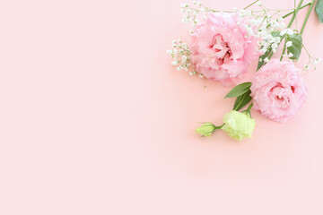 Top view image of delicate lisianthus flowers composition over pastel pink background