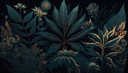 Beautiful Designer 420 Cannabis Seasonal Background with Simple illustrations Dark color Modern Wallpaper Template with Vibrant Hues for Presentation, Ad, and All Applications (generative AI)