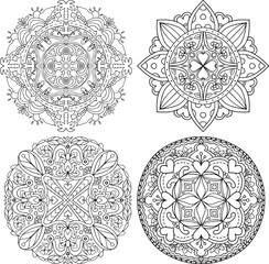 Hand-drawn mandala wreath black and white pattern. Doodle frame set, greeting card, coloring book, or background decorative. Relaxation for adults and kids. Vector Illustration.
