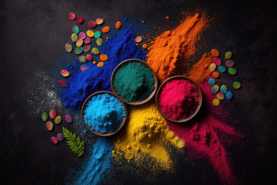Happy holi festival, colorful holi powder on dark ground with copy space for text
