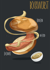 Bockwurst with a bun. Boiled sausage with a bun