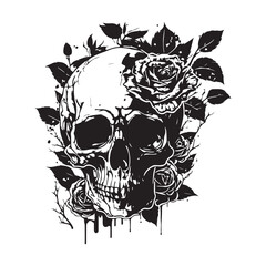 Skull With Rose Flower Black Outline Vector. Human skull with rose sketch drawing, tattoo vector illustration isolated on white background