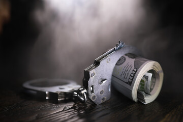 Hands of a fraudster with handcuffs on a background of us dollars. Fraud, cyber crime concept....