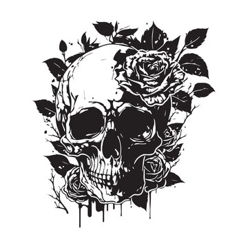 recommend clip art: Skull With Rose Flower Black Outline Vector. Human skull with rose sketch drawing, tattoo vector illustration isolated on white background