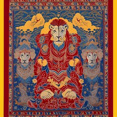  A Tibetan door curtain featuring a stylized snow lion. The door curtain is made of richly patterned fabrics and intricate embroidery of vivid colours. AI generative image. 